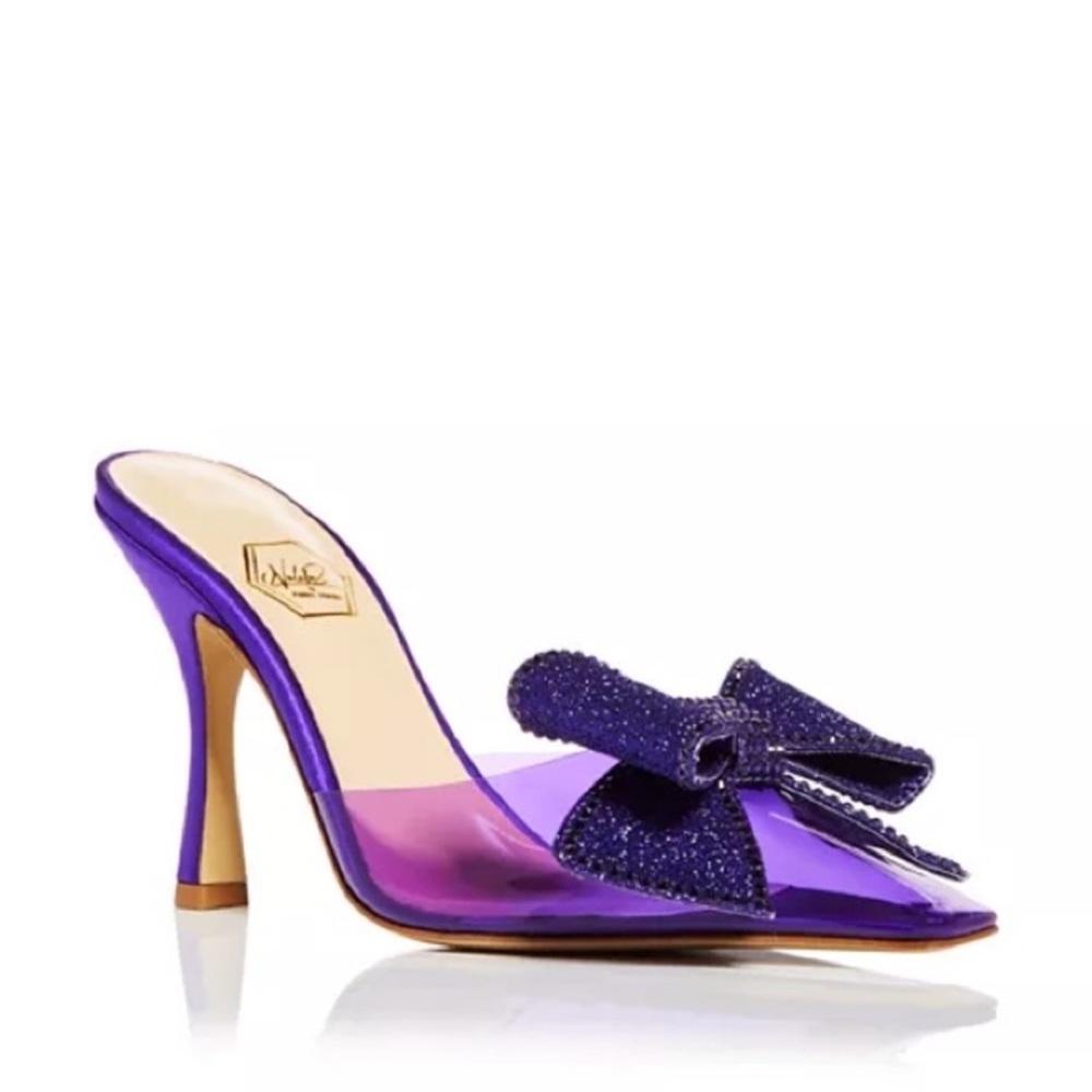 NIB Nalebe By Amina Means Reflections Dimante PVC Glitter Bow Heels Mule Pumps